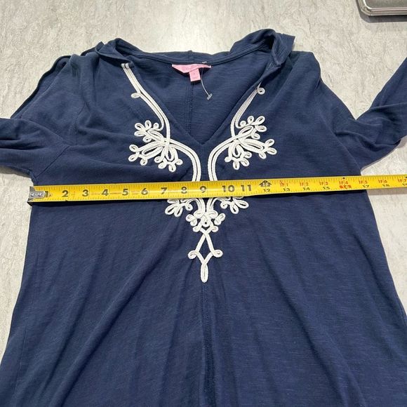 Lilly Pulitzer Women’s Navy Blue Embroidered V Neck Pullover Dress Hoodie Size L - Picture 9 of 13